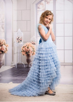 Blue Ruffled Tulle Feather High Low Flower Girl Dress
